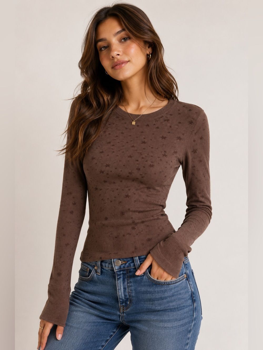 Aeropostale Long Sleeve Star Print Ribbed Knit Cotton Blend Top Size M Brown